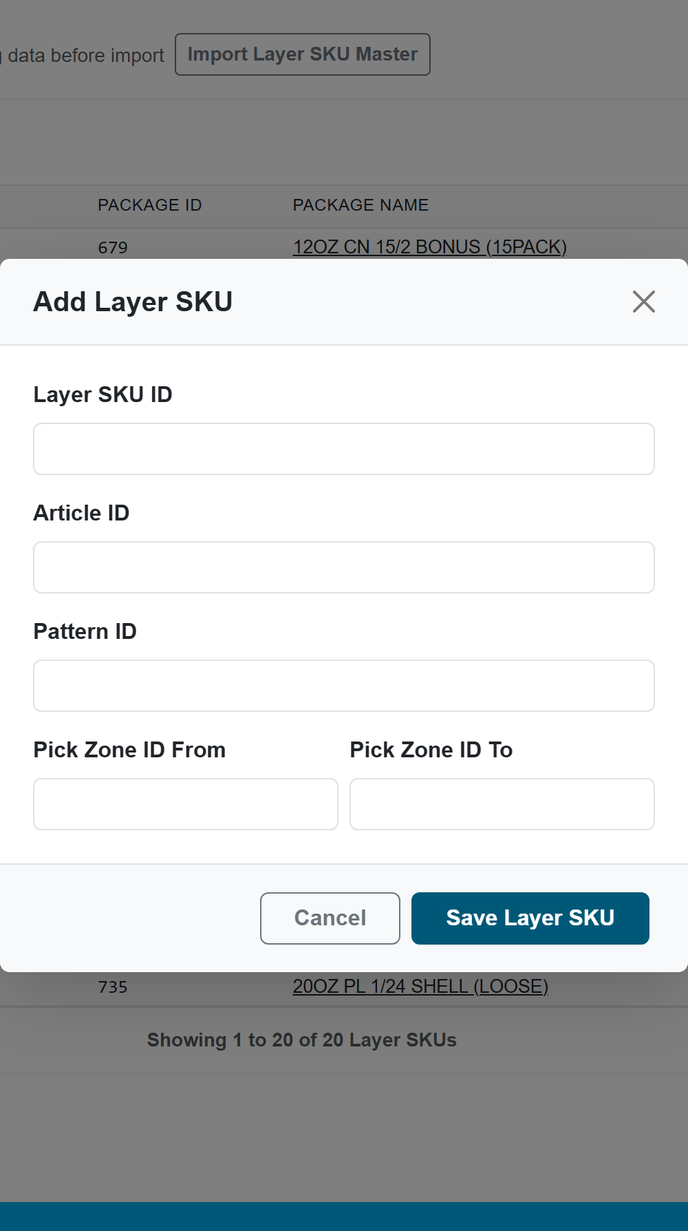 Add Layer SKU Dialog