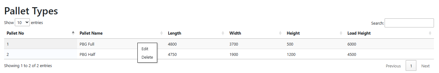 Webpage Pallet Type Table Menu