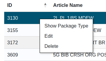 Webpage SKU Master Table Menu